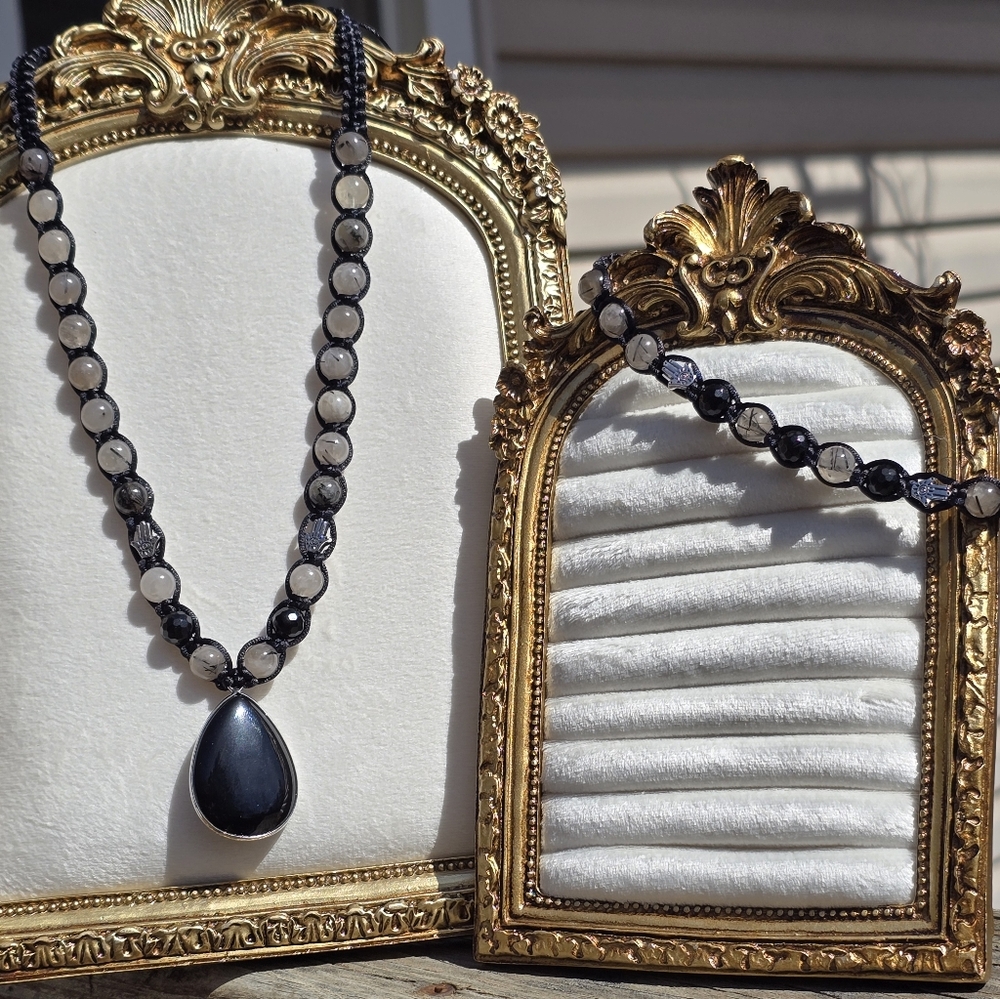 Artisan Macrame Black Tourmaline Rutile In Smokey Quartz And Obsidian With Hamsa